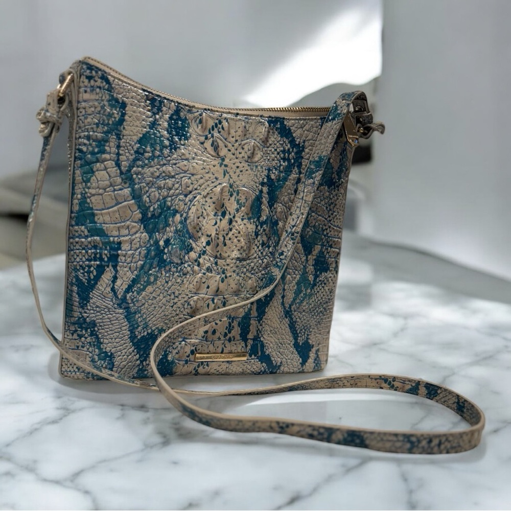 Brahmin “Katie” blue and Tan Snake Print Crossbody Bag